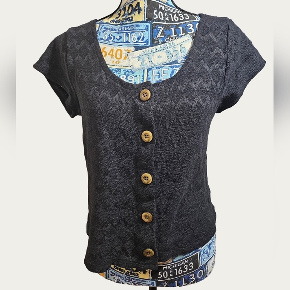 Madewell Short Sleeve Chevron Knit Black Button Up Blouse Large Medium - Picture 1 of 9